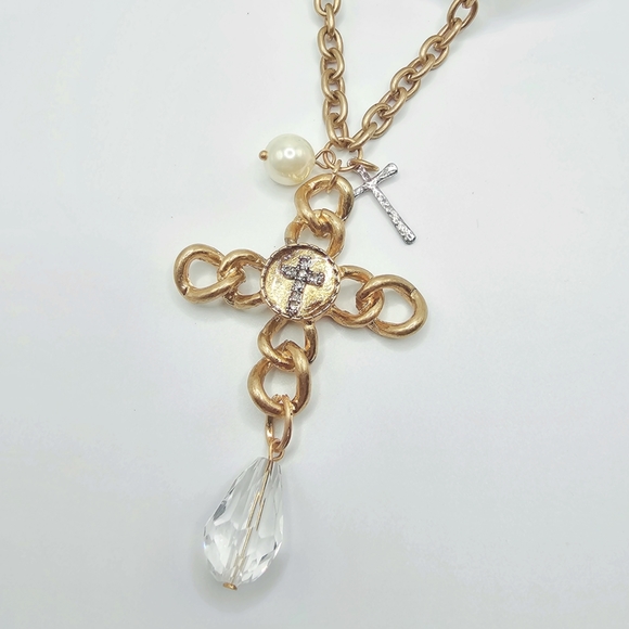 Long Gold Tone Chain Link Cross Charm Necklace - Picture 1 of 3